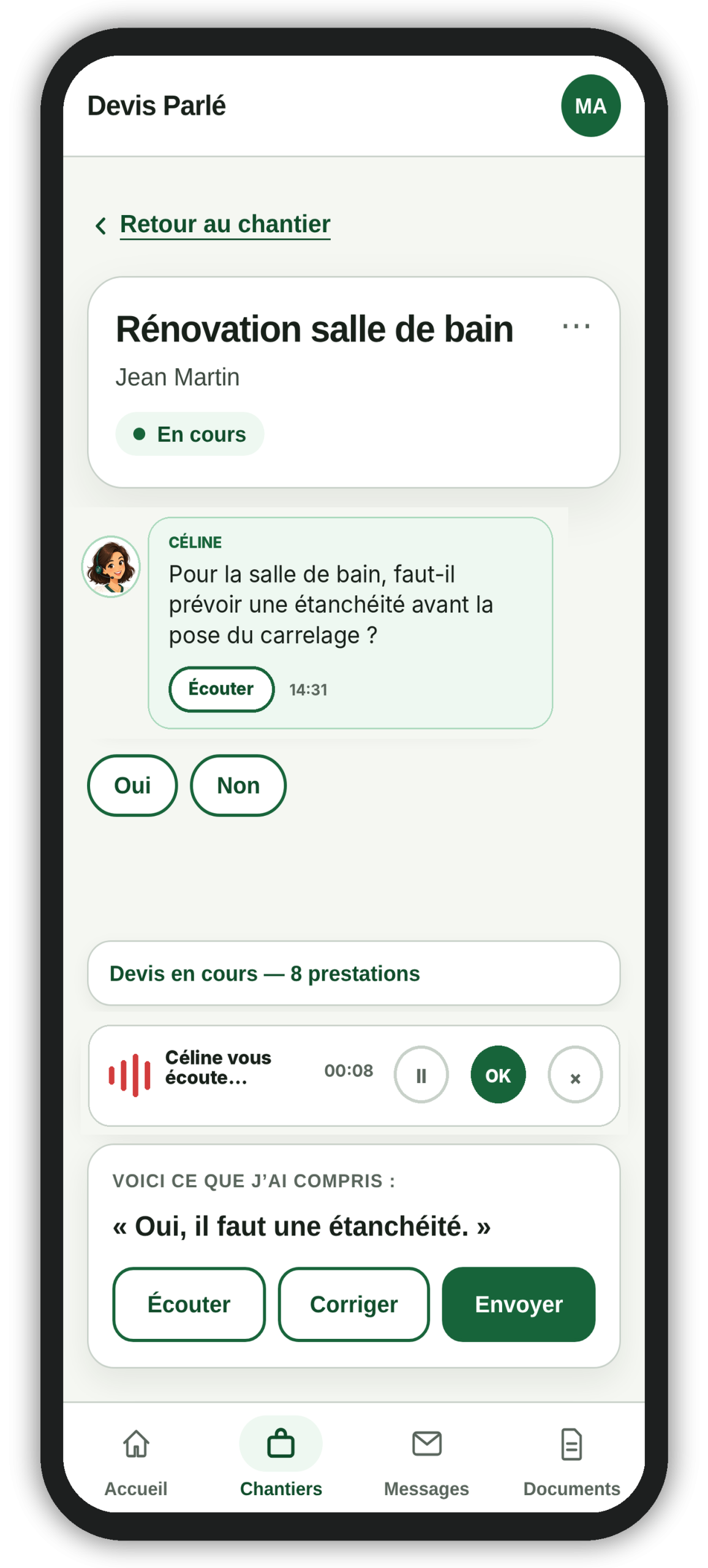 Application de devis pour artisan Devis Parlé sur un chantier