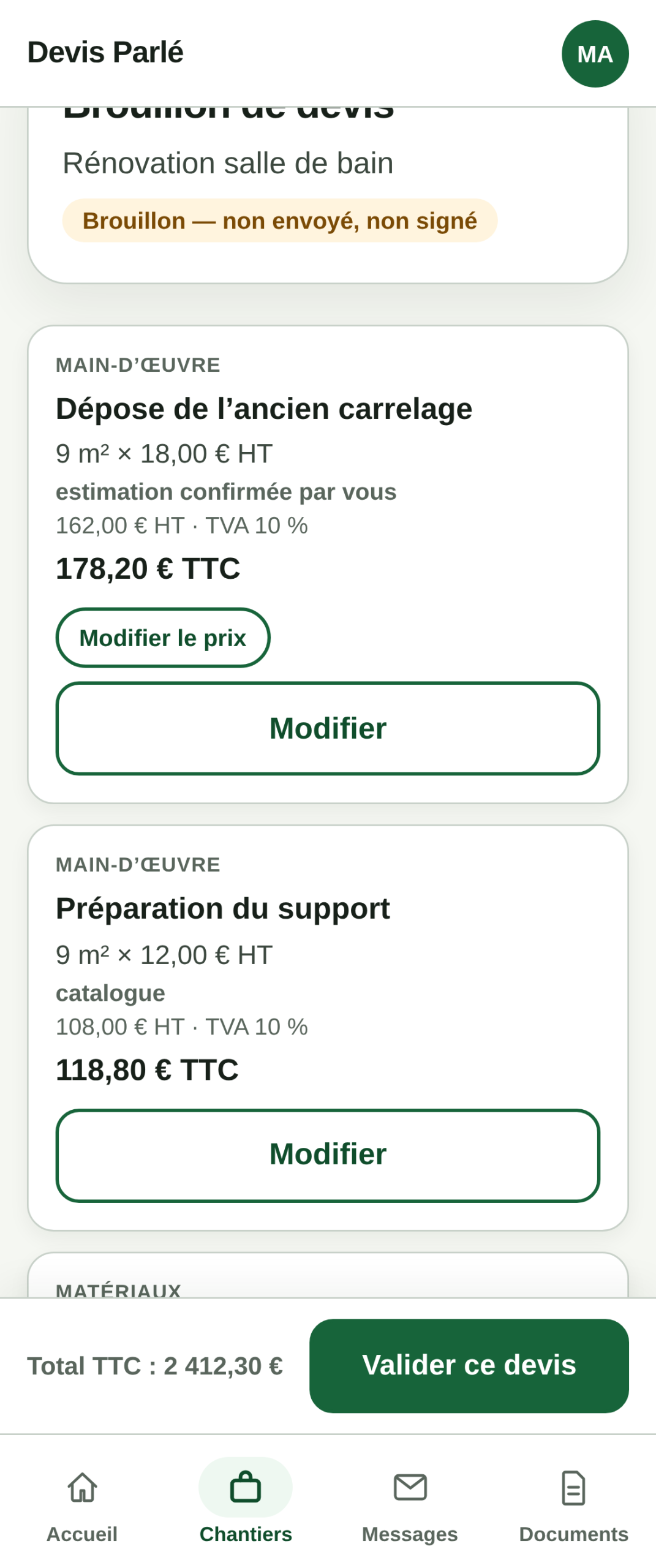 Écran de vérification et de validation du devis dans Devis Parlé
