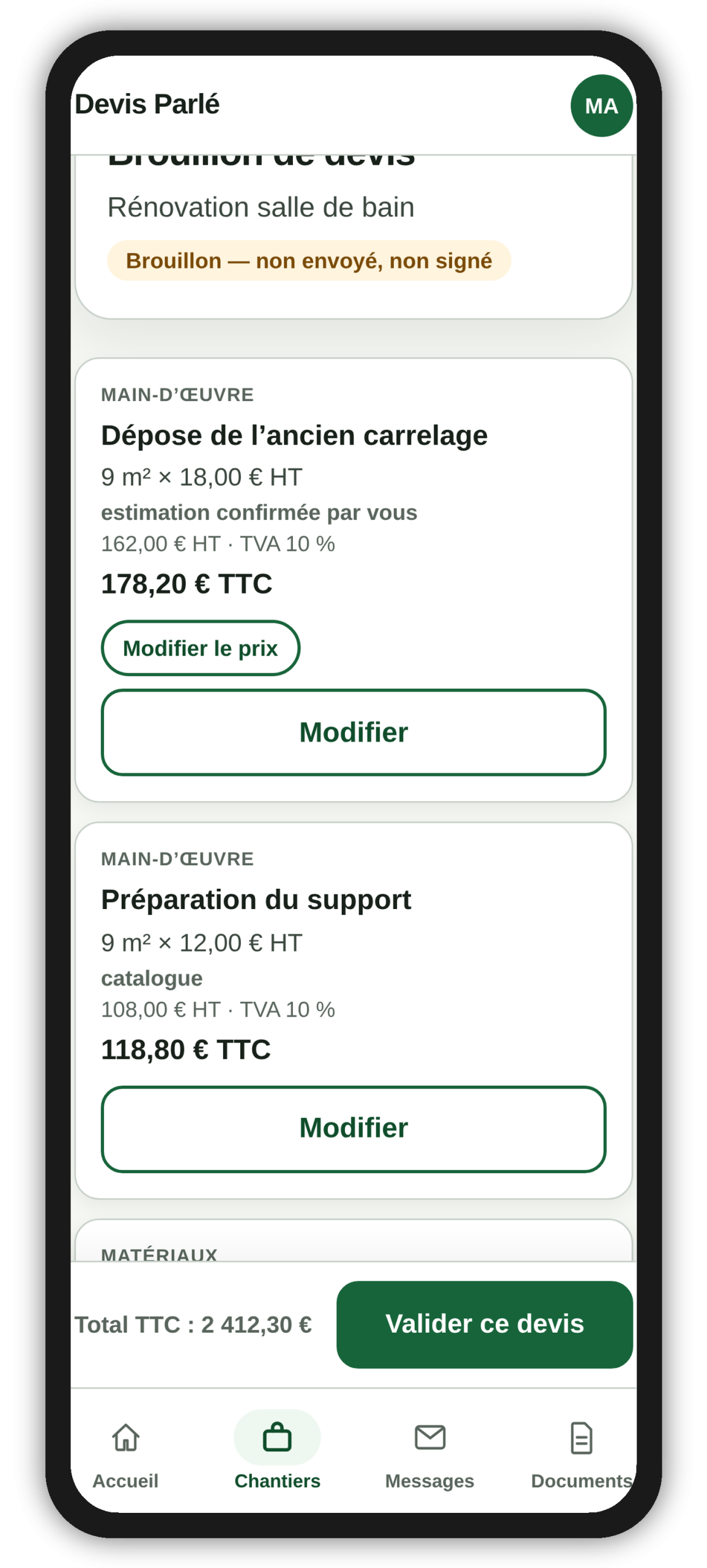 Brouillon de devis Devis Parlé avec lignes, quantités et montants modifiables