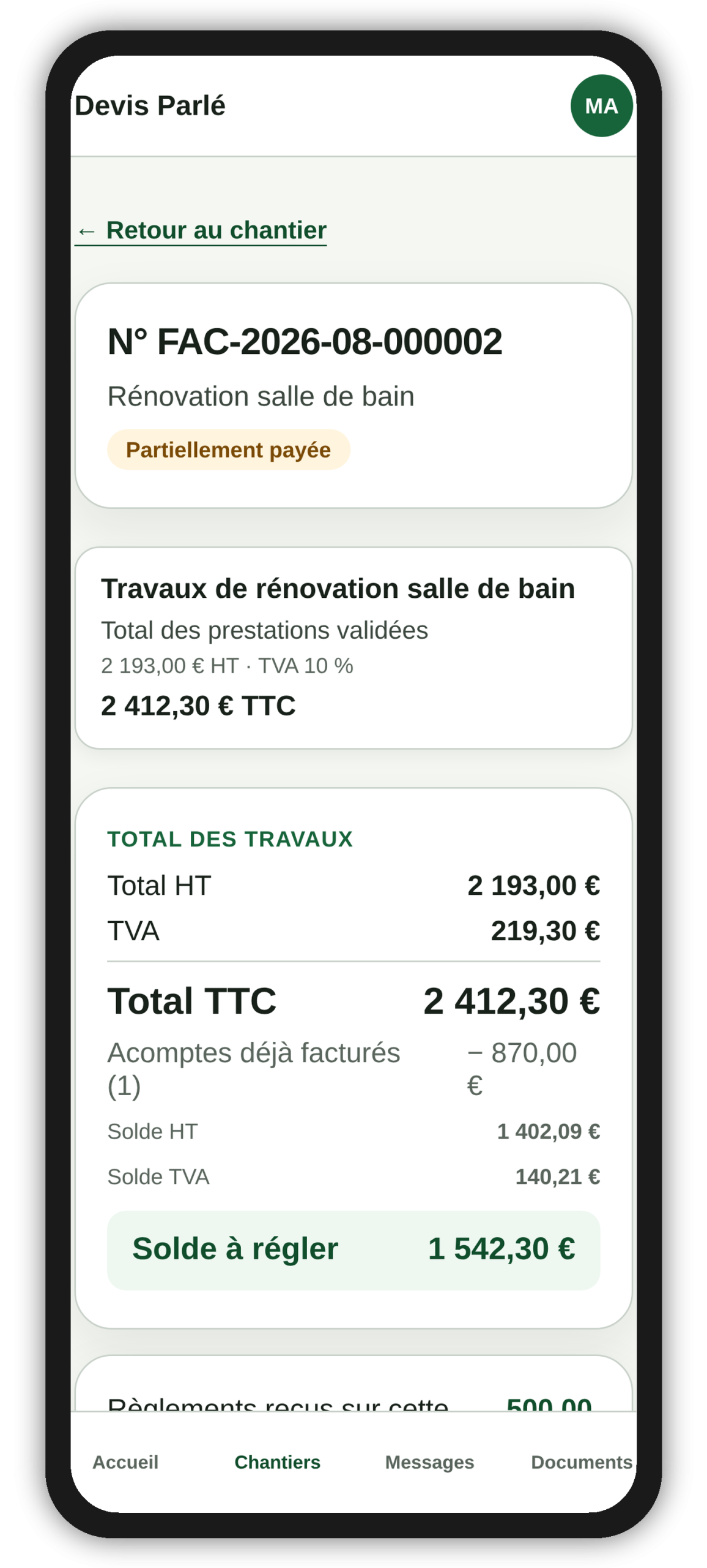 Facture avec solde généré automatiquement par Devis Parlé