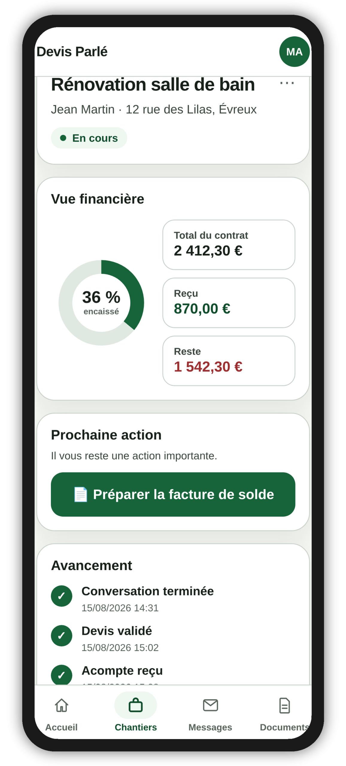 Fiche chantier dans l’application de devis pour artisan Devis Parlé